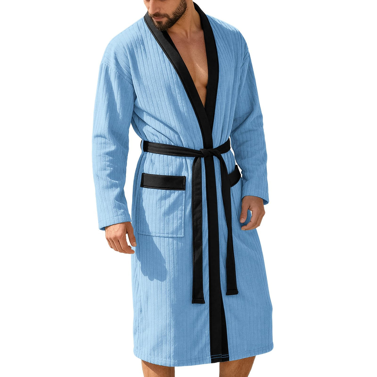 Mens Robes Lightweight Mid Length Summer Robe Comfy Soft Dude Robe with Pockets Long Sleeve Kimono Bathrobe Sleepwear