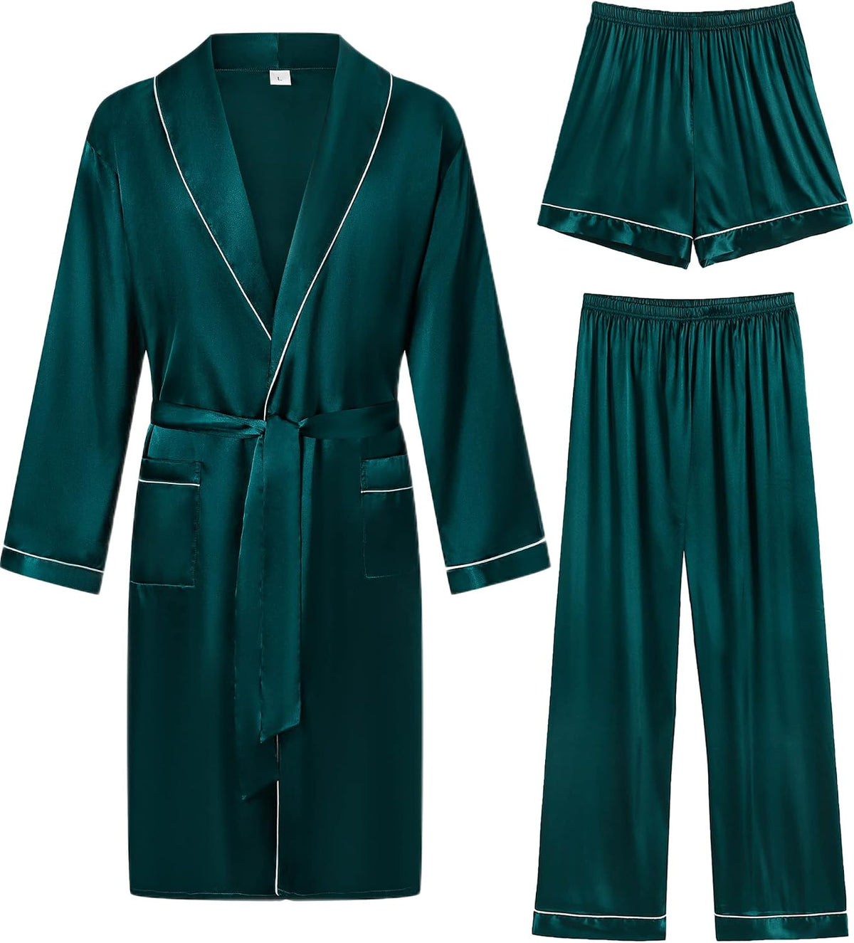 SWOMOG Men's Satin Robe 3 Pcs Silky Kimono Bathrobe Set Lightweight Soft Loungewear Nightwear