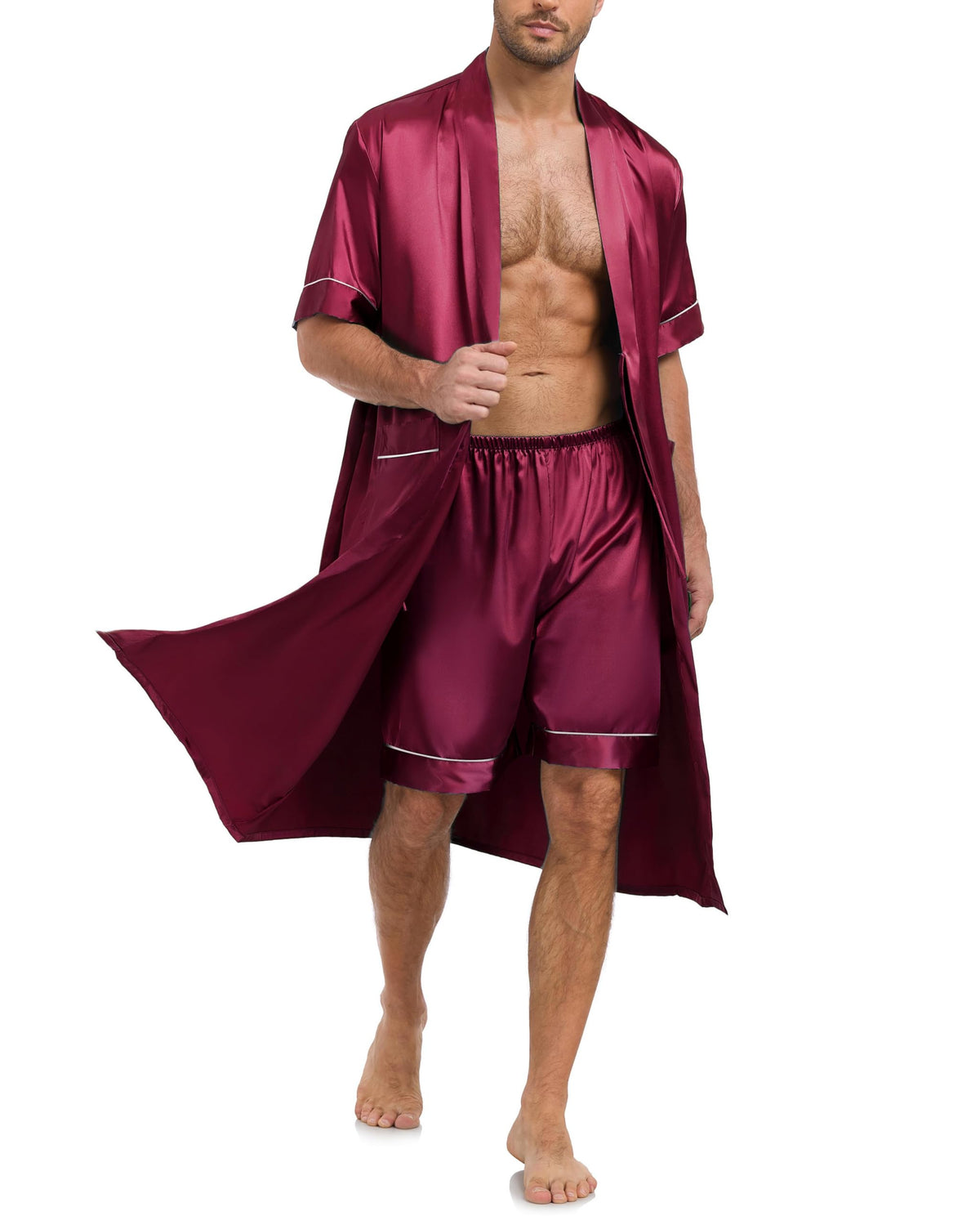 VOGMATE Men's Kimono Robe with Shorts 2 Pieces Silky Pajama Set Lightweight Satin Bathrobe Soft Sleepwear