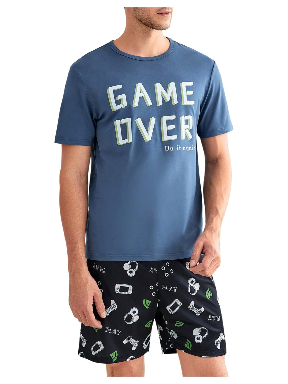 Verdusa Men's Pajamas Set 2 Piece Pjs Sets Short Sleeve Letter Print Tee and Short Lounge Set