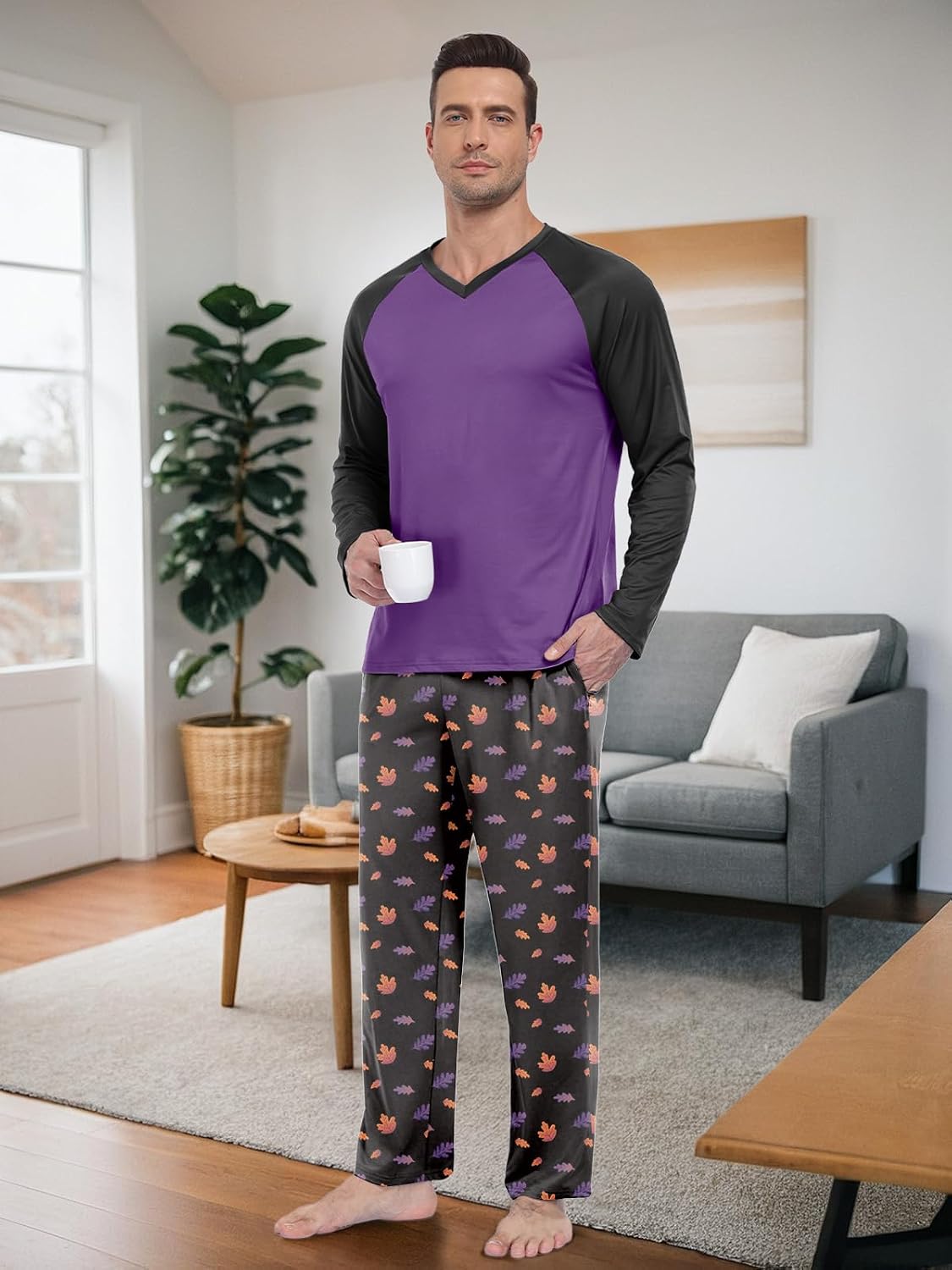 Feiersi Men's Pajama Set Soft Long Sleeve Pjs Sets V-neck Loungewear Shirts