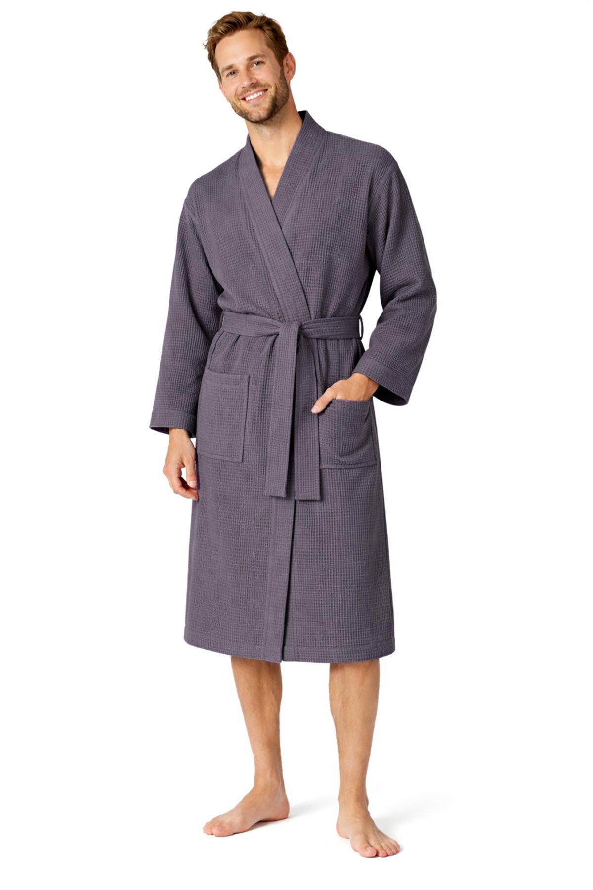 Turkish Linen Men’s Waffle Bathrobe Lightweight Kimono Spa Robe – Quick Dry Bath & Shower Robe for Men with Pockets