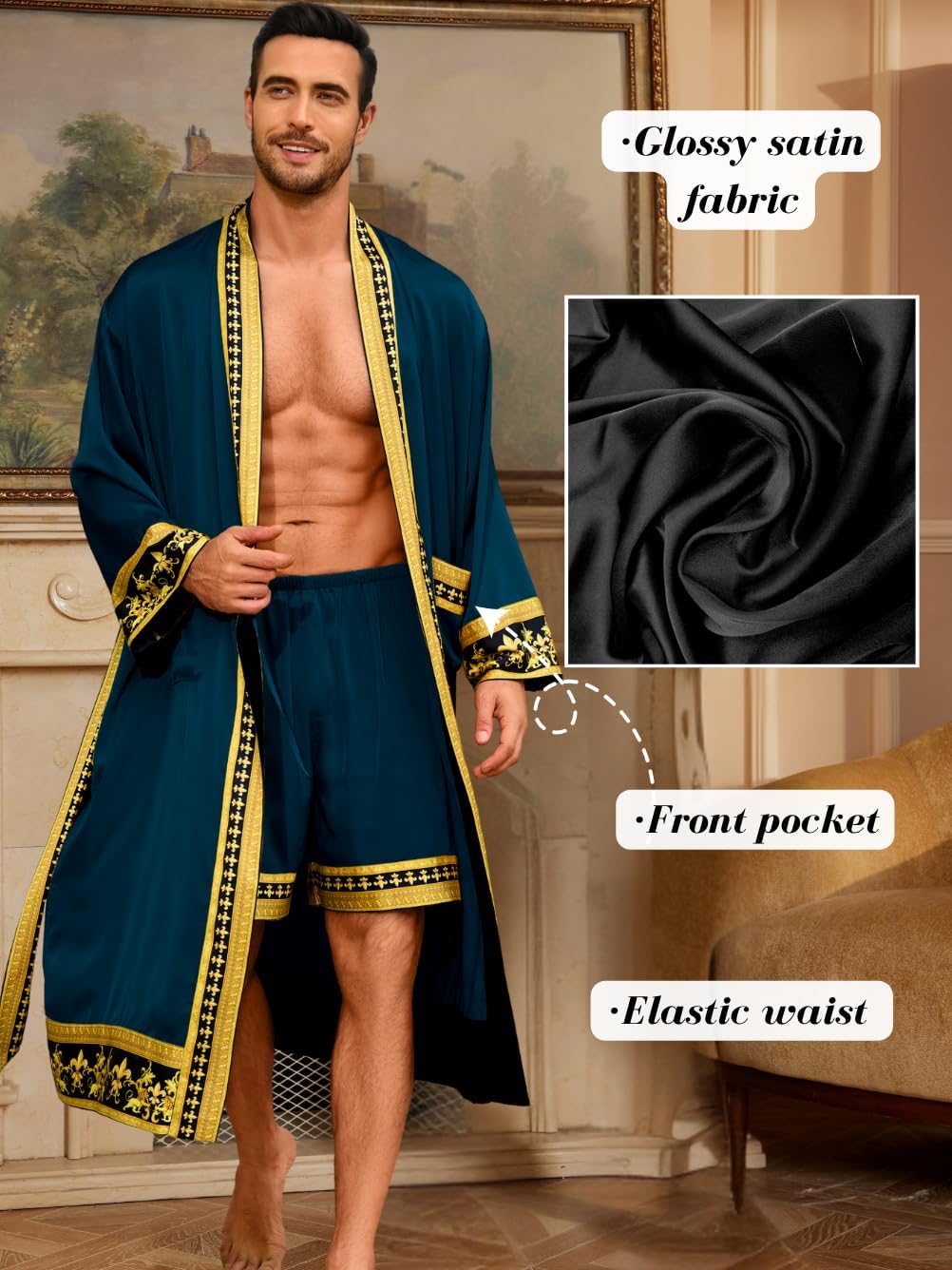 ChiaoLezhee Men's Luxury Silky Robe & Shorts Set, 2PC Lightweight Satin Pajamas with Pockets, Opulent Baroque Kimono Gifts