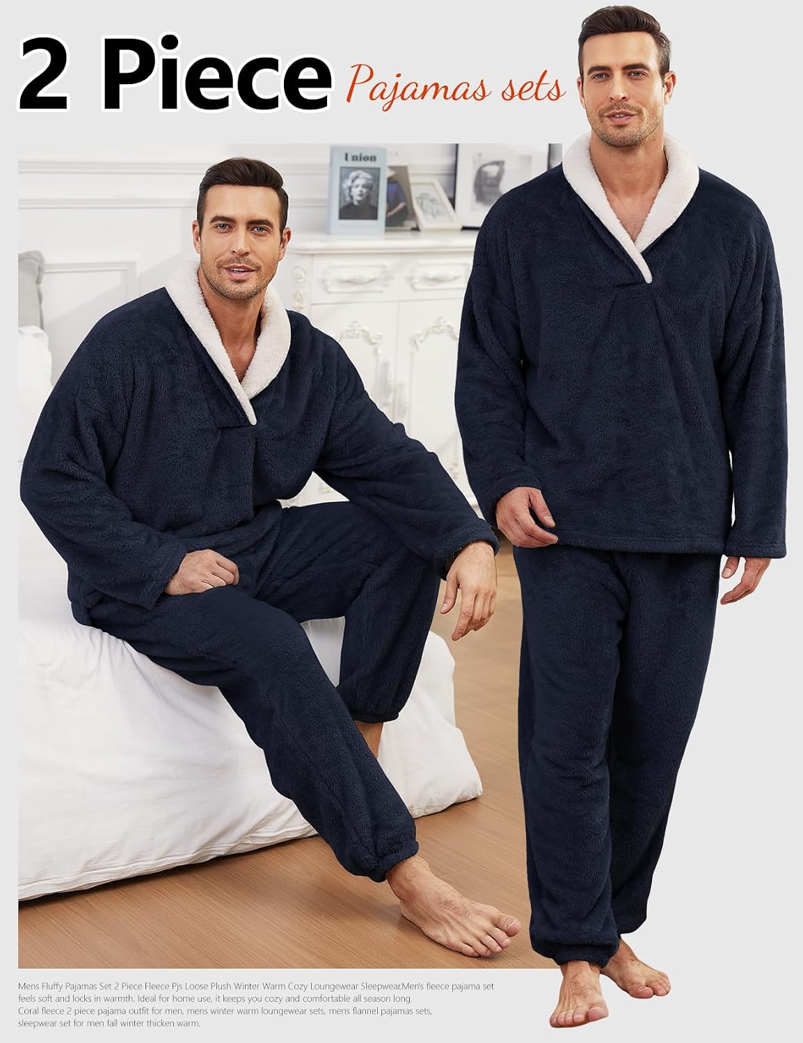 Arssm Mens Fluffy Pajamas Set 2 Piece Winter Fleece Pjs