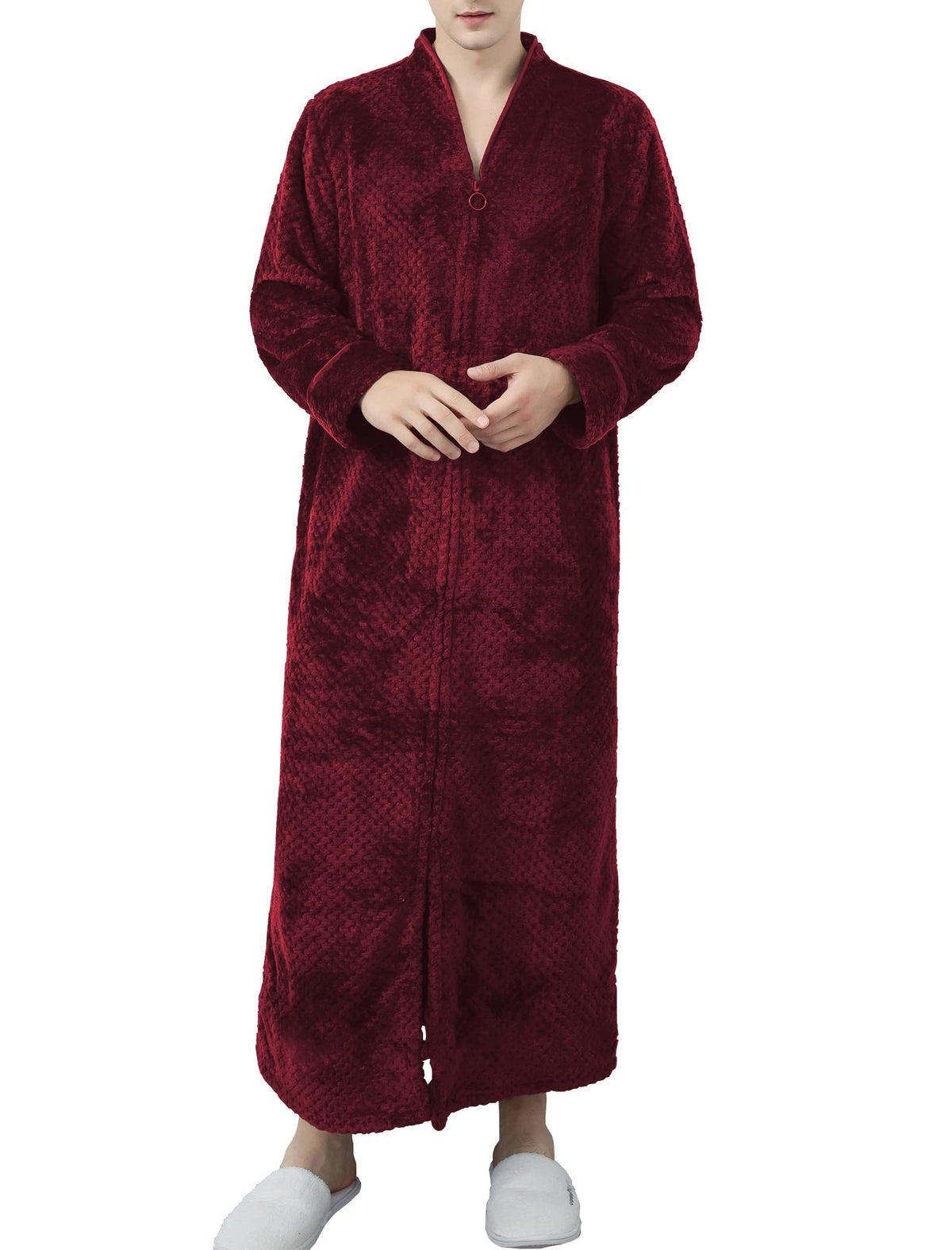 Locachy Men's Flannel Zip Bathrobes Soft Warm Long Fleece Plush Robe Housecoats Nightgown Sleepwear