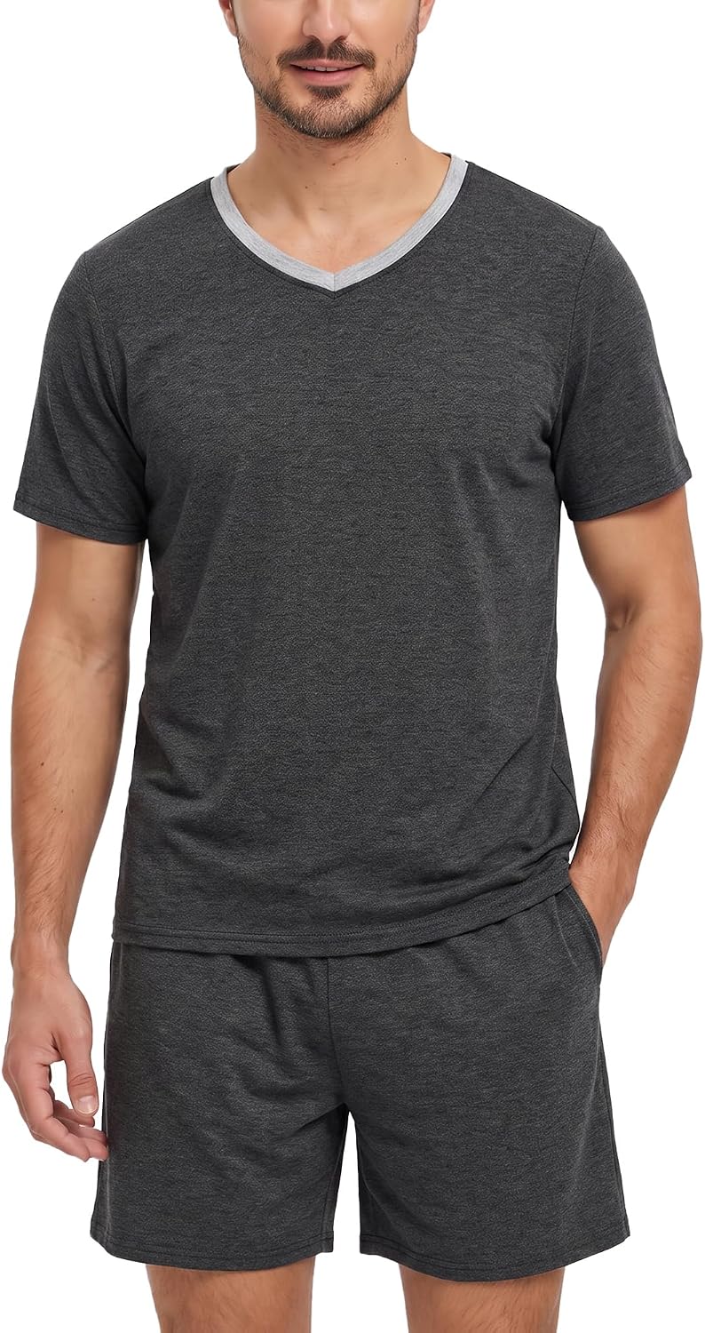 MyFav Mens Pajama Set Soft V Neck PjsShort Sleeves Shirts and Shorts Loungewear Solid Color Sleep Sets
