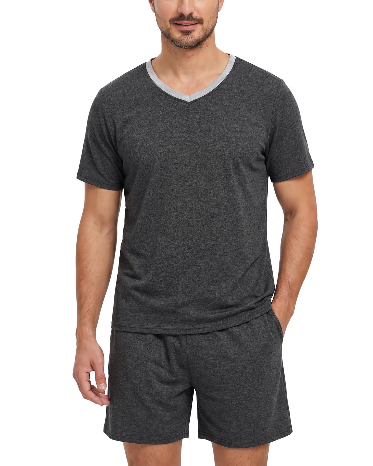 MyFav Mens Pajama Set Soft V Neck PjsShort Sleeves Shirts and Shorts Loungewear Solid Color Sleep Sets