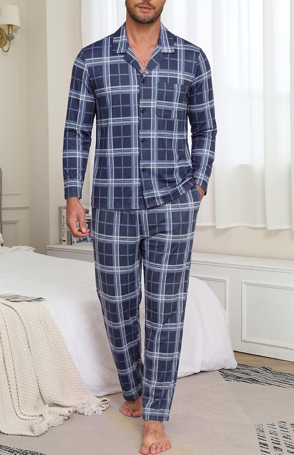NITAGUT Mens Plaid Pajama Set Long Sleeve Button Down Casual Sleepwear