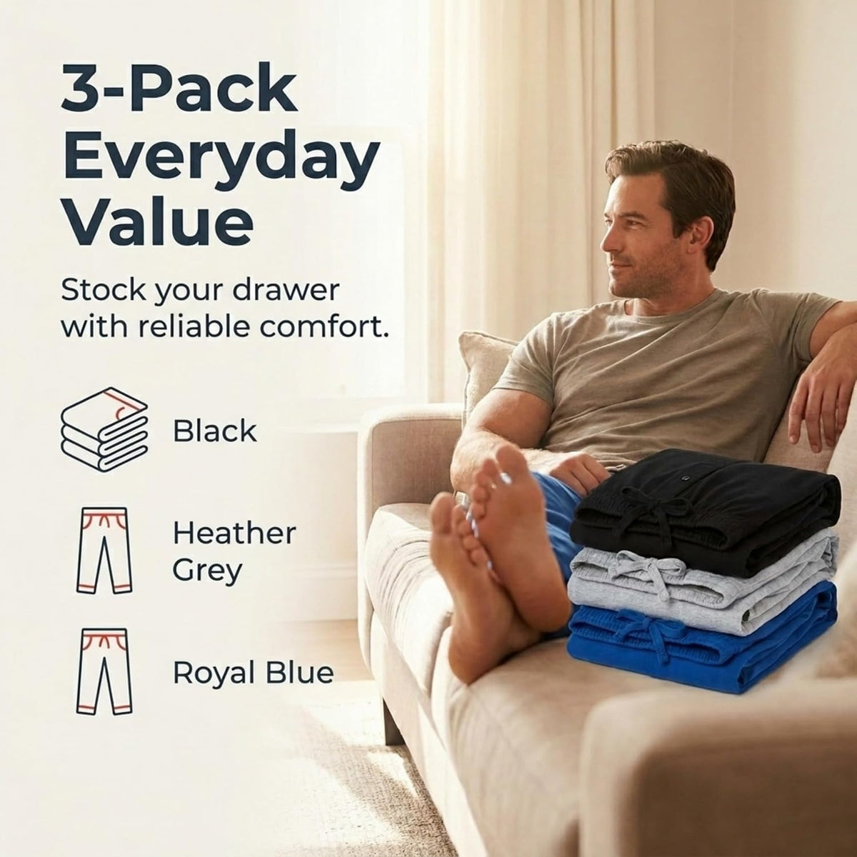 DARESAY Mens Pajama Pants 3 Pack – Soft Knit Lounge Sleepwear with Pockets, Elastic Waist & Drawstring, Up to 3XL