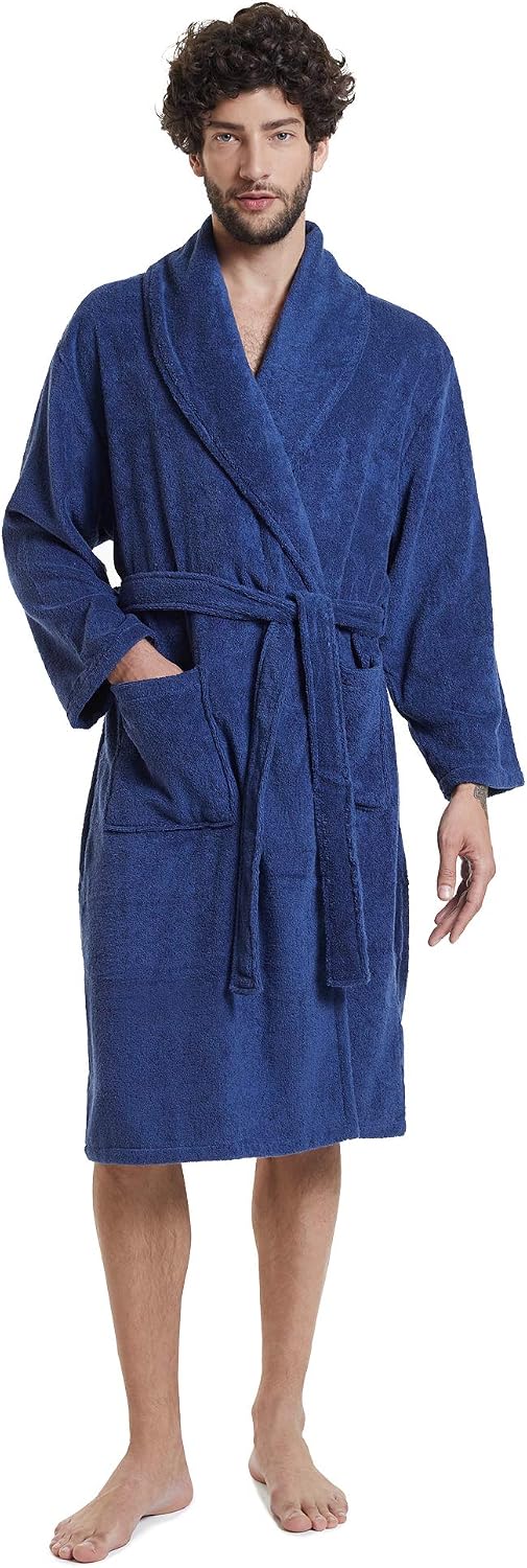 SIORO Mens Terry Bath Robe, Plush Hooded Cotton Cloth Knee-Length Robes for Spa, Shower, Soft Towel Bathrobes with Pockets