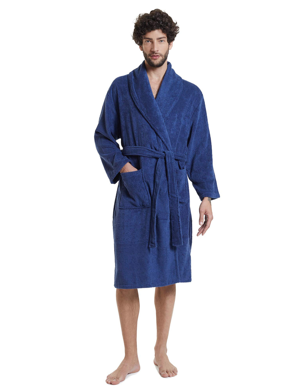 SIORO Mens Terry Bath Robe, Plush Hooded Cotton Cloth Knee-Length Robes for Spa, Shower, Soft Towel Bathrobes with Pockets