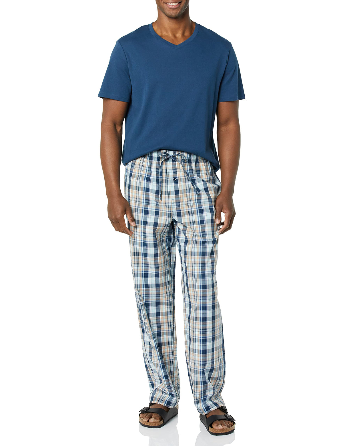 Amazon Essentials Men's Cotton Stretch Poplin Pant with Cotton Jersey T-Shirt Pajama Set