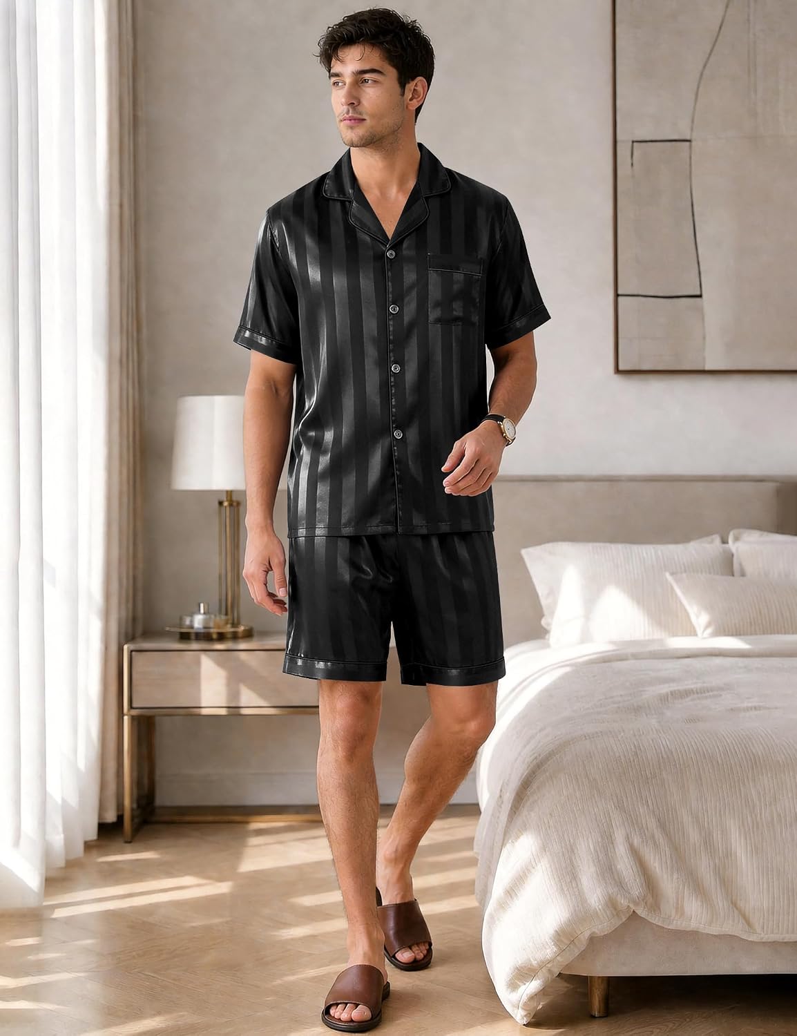 Sykooria Mens Pajamas Set Silk Satin Sleepwear 2 Piece Short Sleeve Loungewear Button Down Pj Set S-XXXL