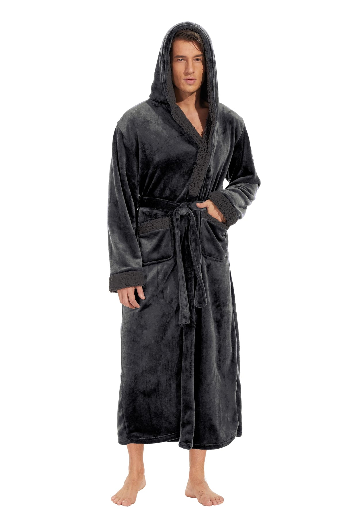 iniber Mens Hooded Robe, Soft Lightweight Plush Robes for Men, Warm Long Fleece Men's Bathrobe with Pockets