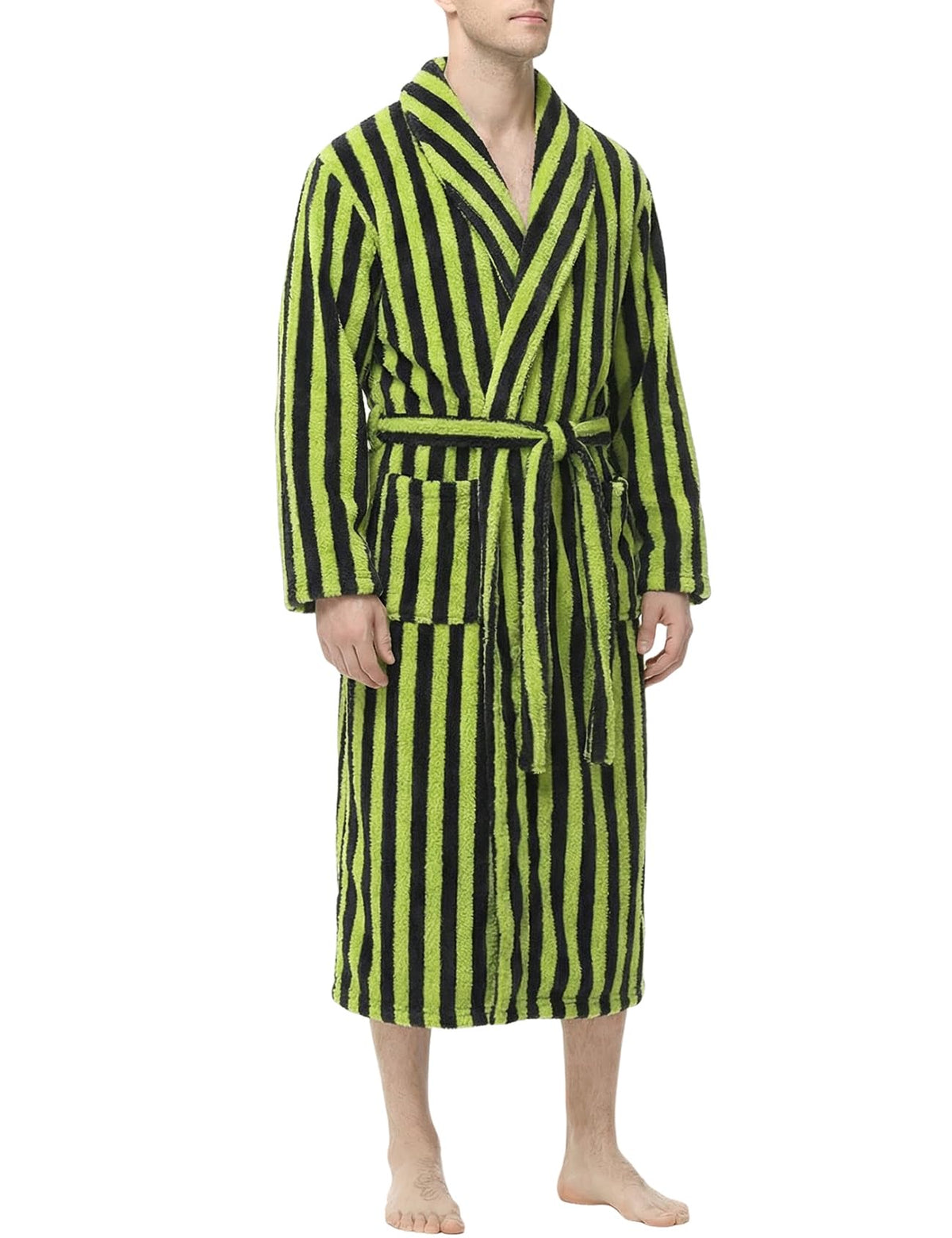 Gihuo Mens Striped Robe Long Fluffy Plush Bathrobe