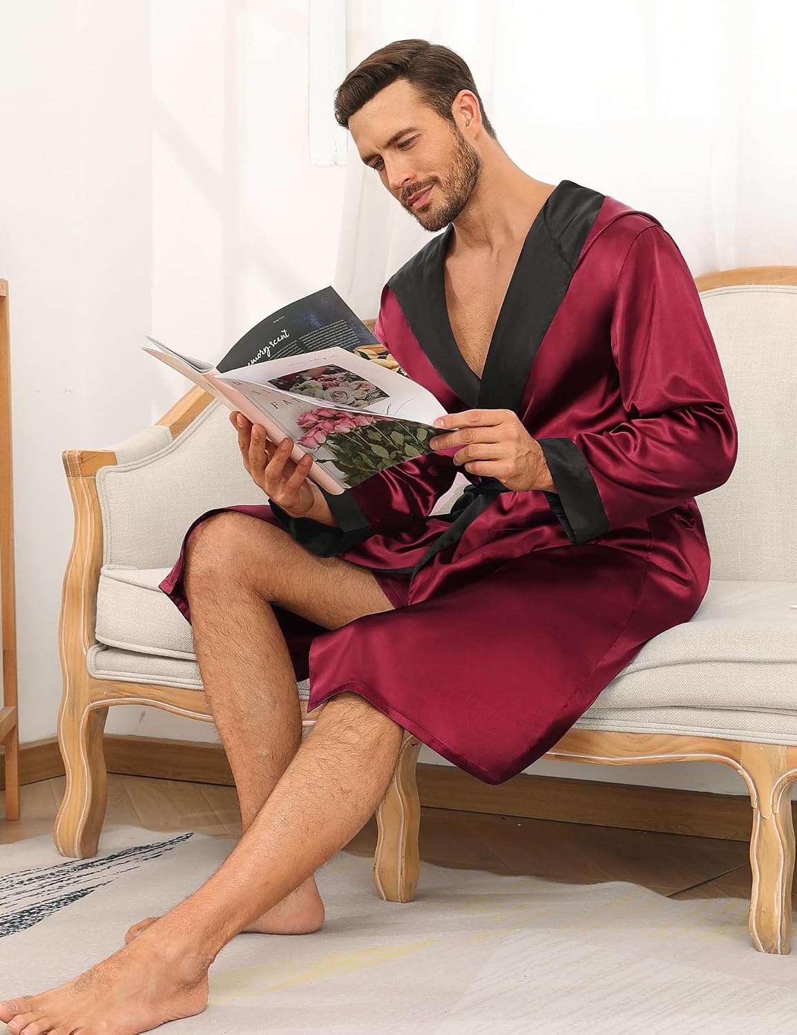 SWOMOG Mens Hooded Robe Satin Bathrobe with Shorts Set Silky Kimono Robe with Hood