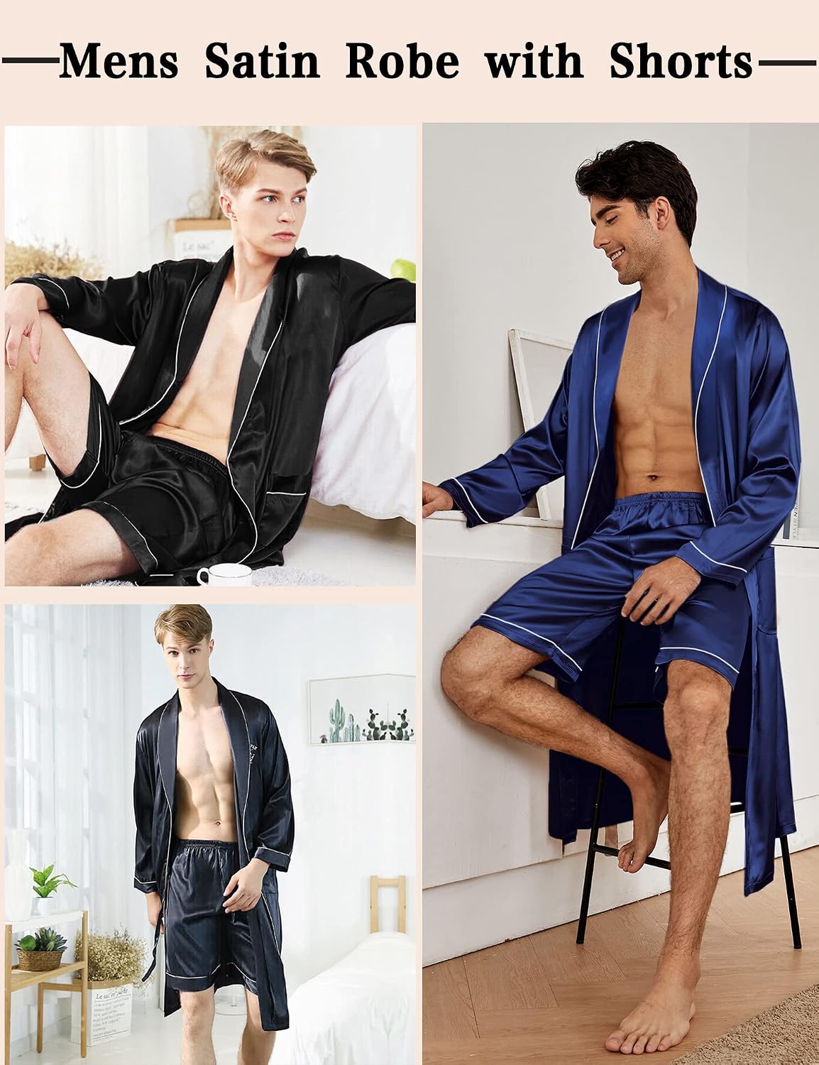 SWOMOG Men's Satin Robe Silky Kimono Bathrobe with Shorts Set Lightweight Soft Loungewear Nightwear