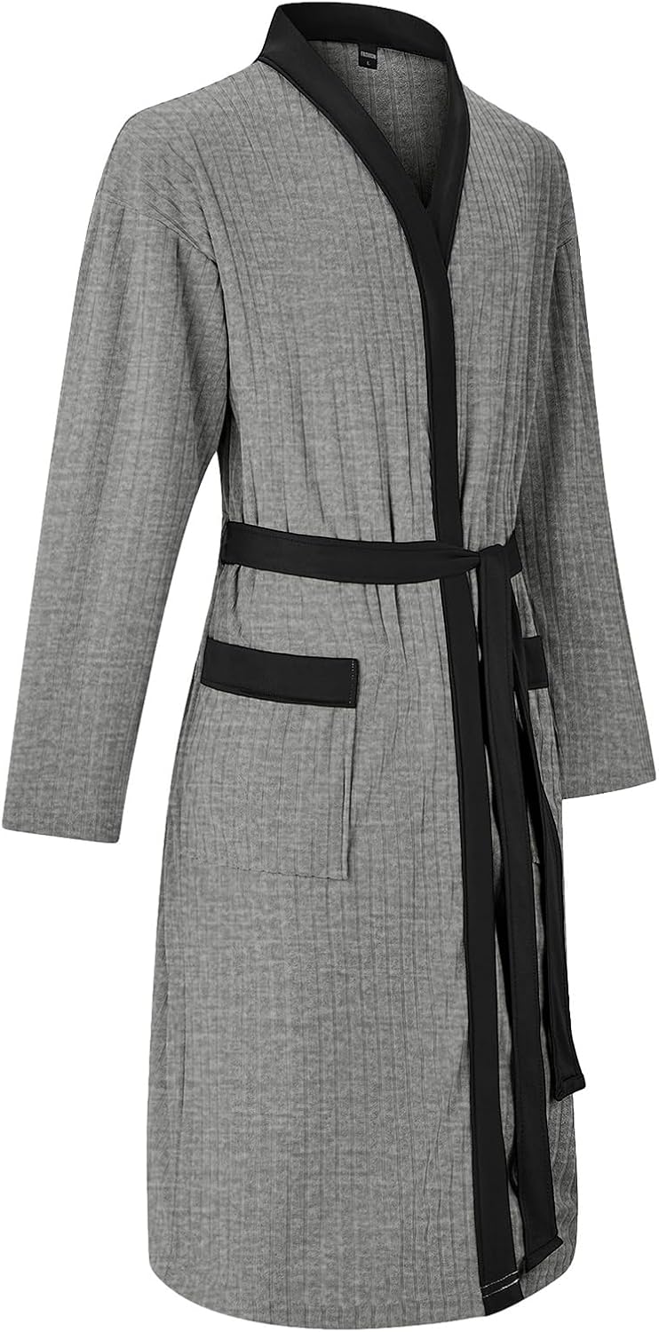 Mens Robes Lightweight Mid Length Summer Robe Comfy Soft Dude Robe with Pockets Long Sleeve Kimono Bathrobe Sleepwear