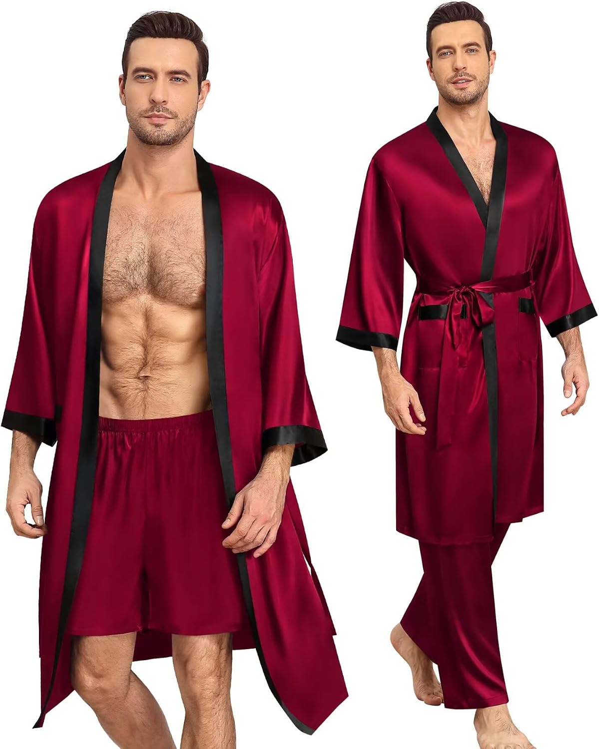 SWOMOG 3Pcs Men's Satin Robe Silk Satin Kimono Bathrobe with Shorts&Pants Set Soft Lightweight Nightwear