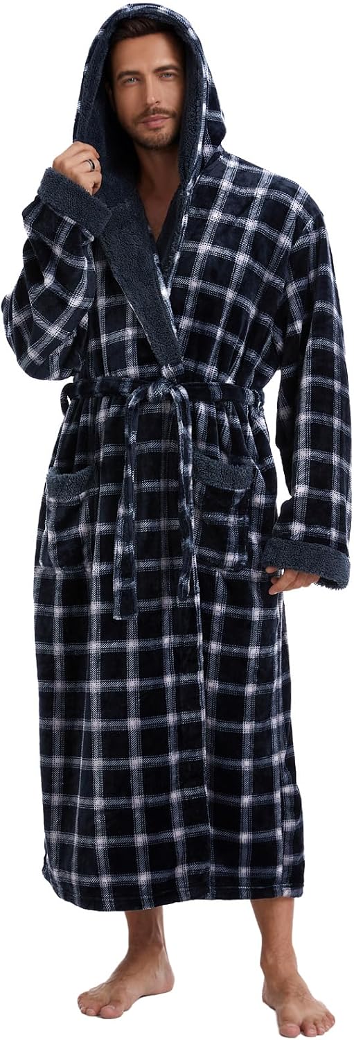 iniber Mens Hooded Robe, Soft Lightweight Plush Robes for Men, Warm Long Fleece Men's Bathrobe with Pockets