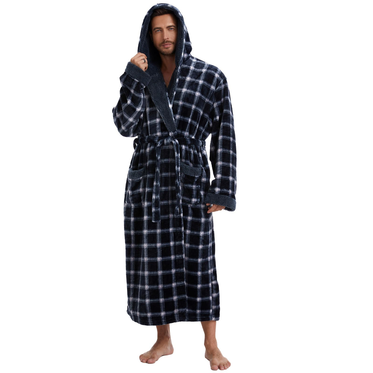 iniber Mens Hooded Robe, Soft Lightweight Plush Robes for Men, Warm Long Fleece Men's Bathrobe with Pockets