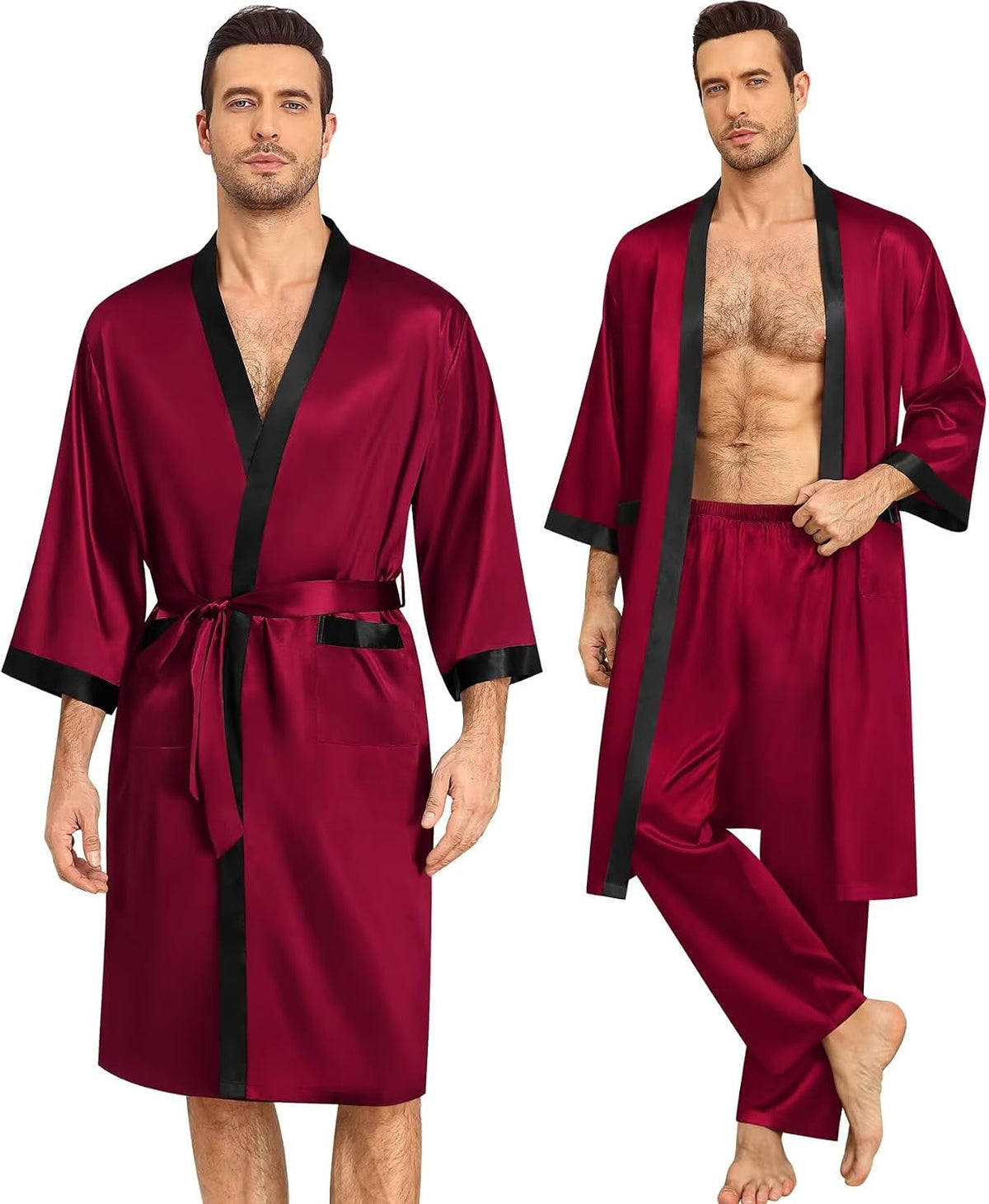 SWOMOG 3Pcs Men's Satin Robe Silk Satin Kimono Bathrobe with Shorts&Pants Set Soft Lightweight Nightwear