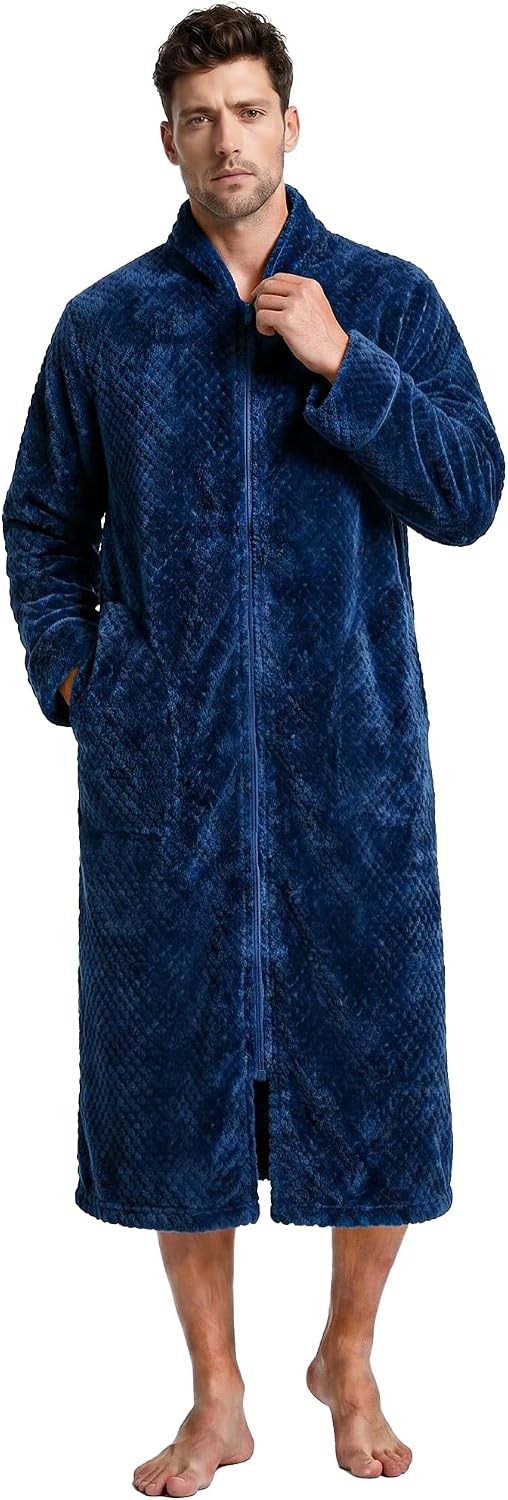 U2SKIIN Men's Fleece Zippered Bathrobe, Soft Plush Robe