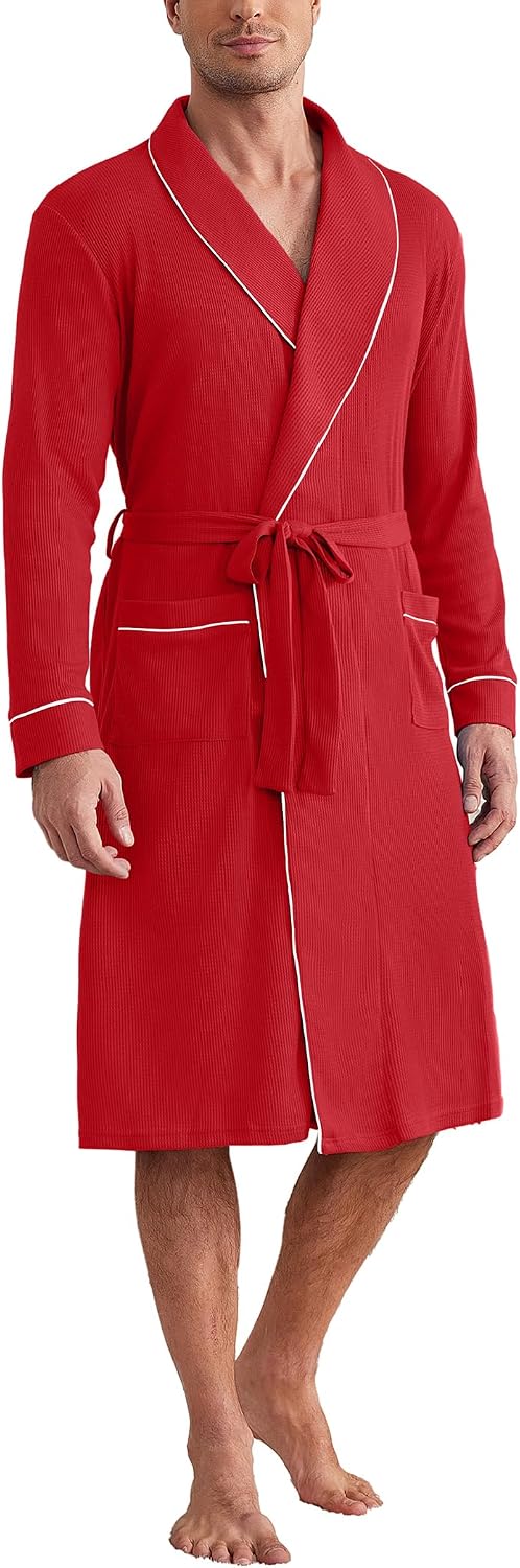 Ekouaer Mens Robes Lightweight Waffle Knit Kimono Bathrobe Long Sleeve Sleepwear Soft Knee Length Robe with Pockets