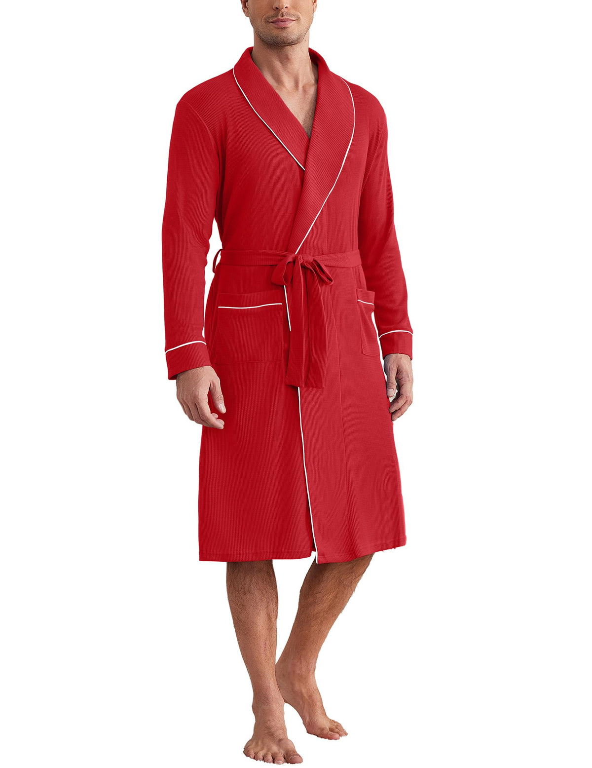 Ekouaer Mens Robes Lightweight Waffle Knit Kimono Bathrobe Long Sleeve Sleepwear Soft Knee Length Robe with Pockets