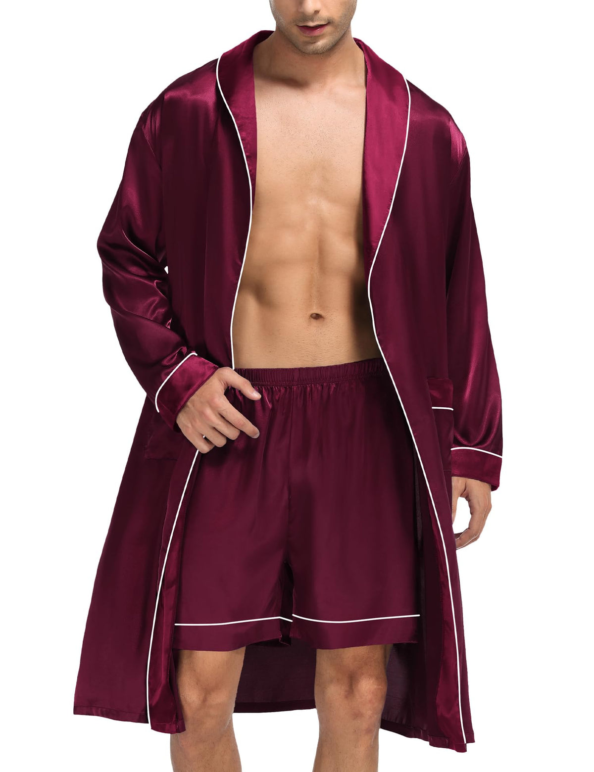 SWOMOG Men's Satin Robe Silky Kimono Bathrobe with Shorts Set Lightweight Soft Loungewear Nightwear