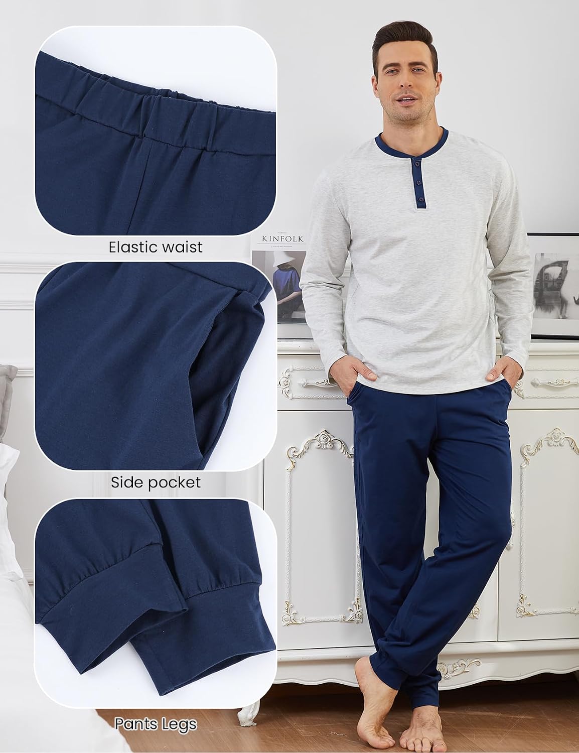 Yimoon Mens Pajama Set 100% Cotton Henley Sleepwear