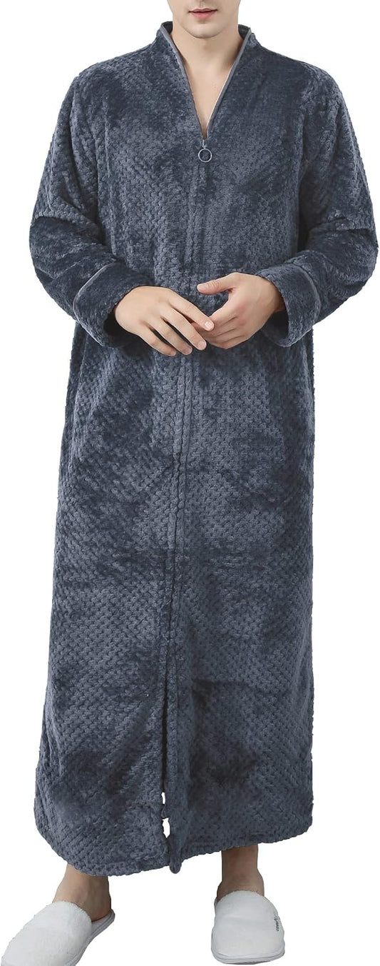 Locachy Men's Flannel Zip Bathrobes Soft Warm Long Fleece Plush Robe Housecoats Nightgown Sleepwear