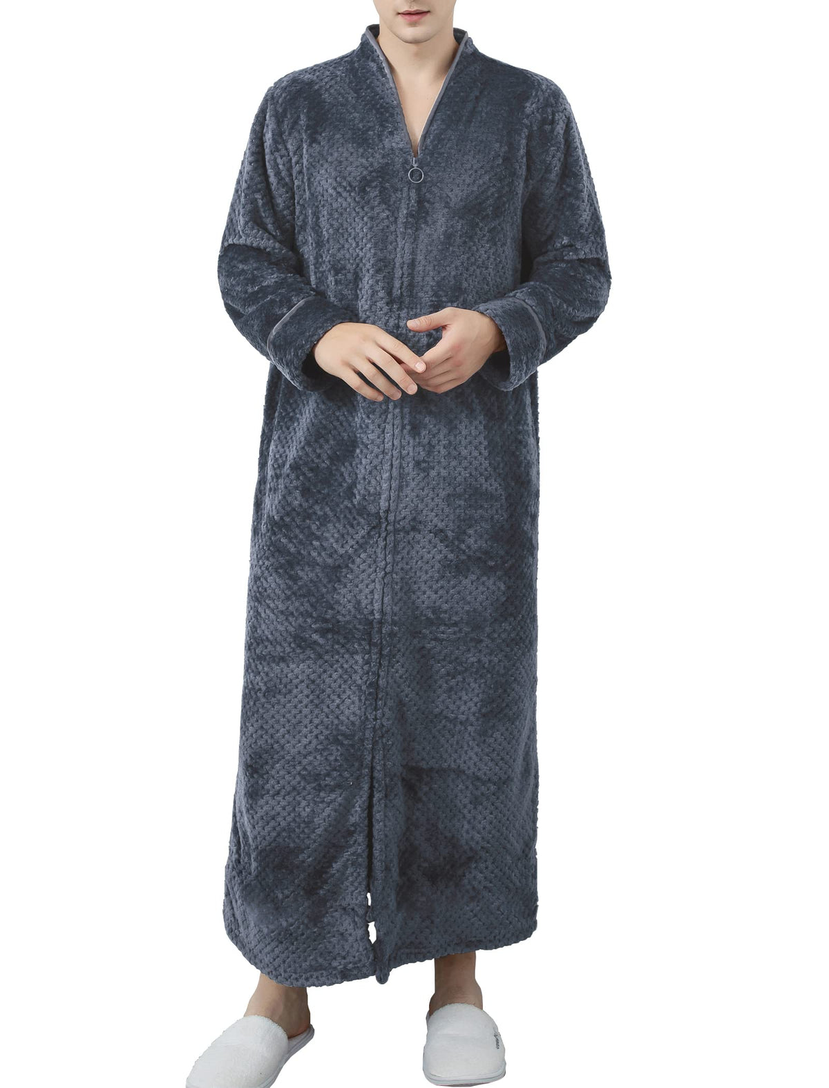 Locachy Men's Flannel Zip Bathrobes Soft Warm Long Fleece Plush Robe Housecoats Nightgown Sleepwear