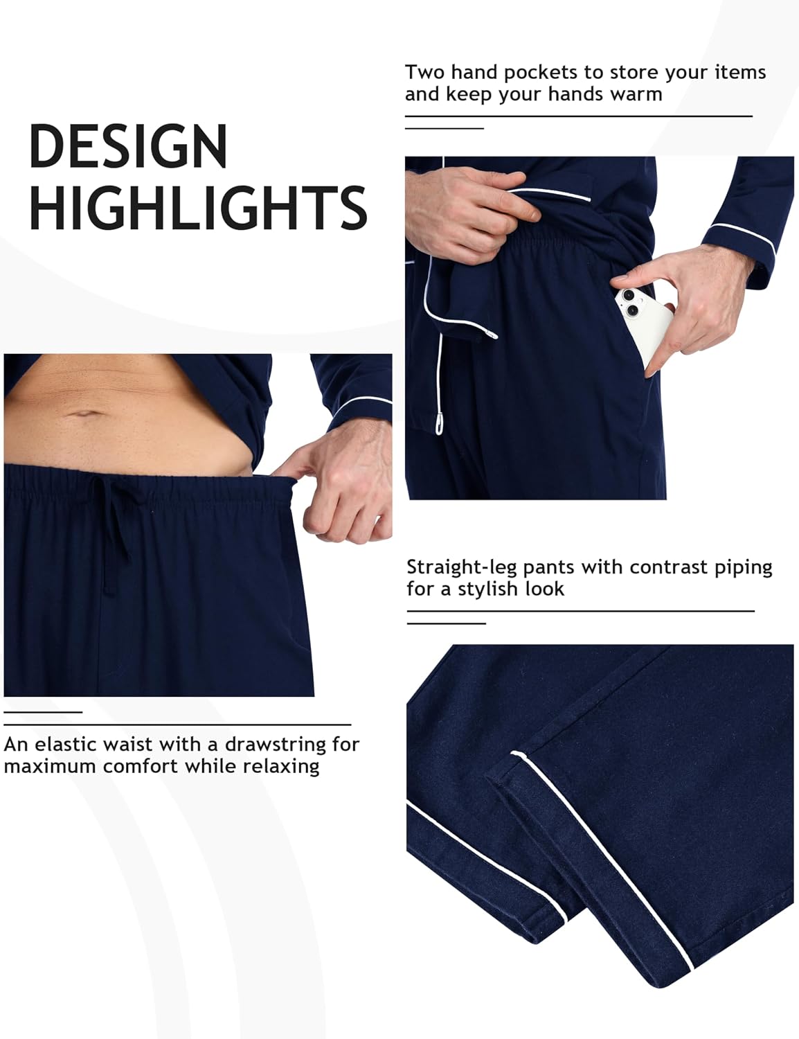 MoFiz Mens Pajama Set Soft Cotton Button Down Notched Collar Pjs Long Sleeve 2 Piece Sleepwear Lounge Nightwear with Pocket