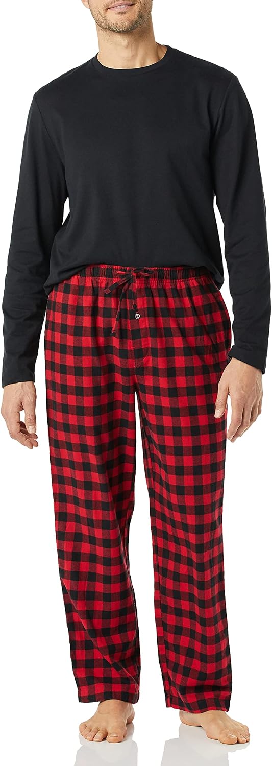 Amazon Essentials Men's 100% Cotton Flannel Pant and Long-Sleeve T-Shirt Pajama Set