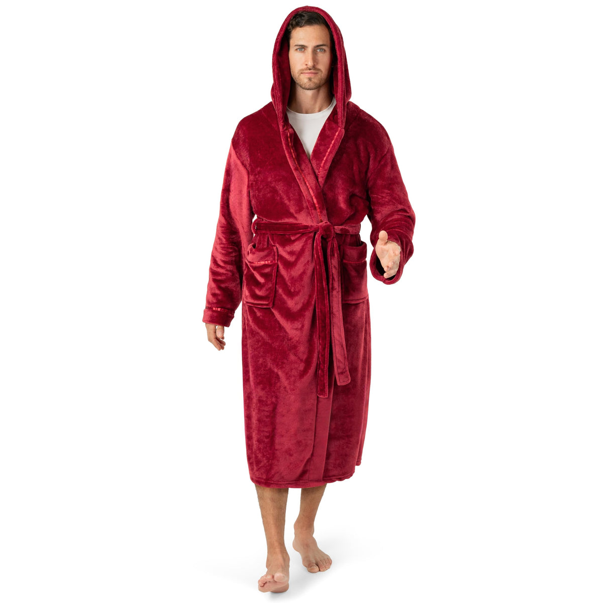 PAVILIA Mens Fleece Robe, Hooded Bathrobe with Shawl Collar, Pockets & Belt