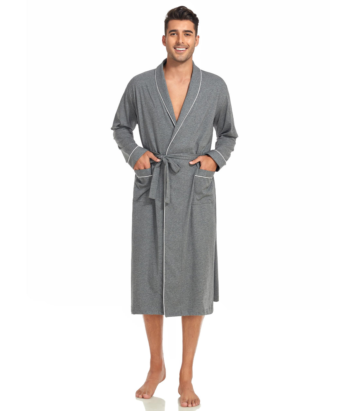 CF Men's 100% Cotton Robe Lightweight Bathrobe Long Sleeve Knit Kimono Sleepwear Soft Knee Length Shower Robe with Pockets