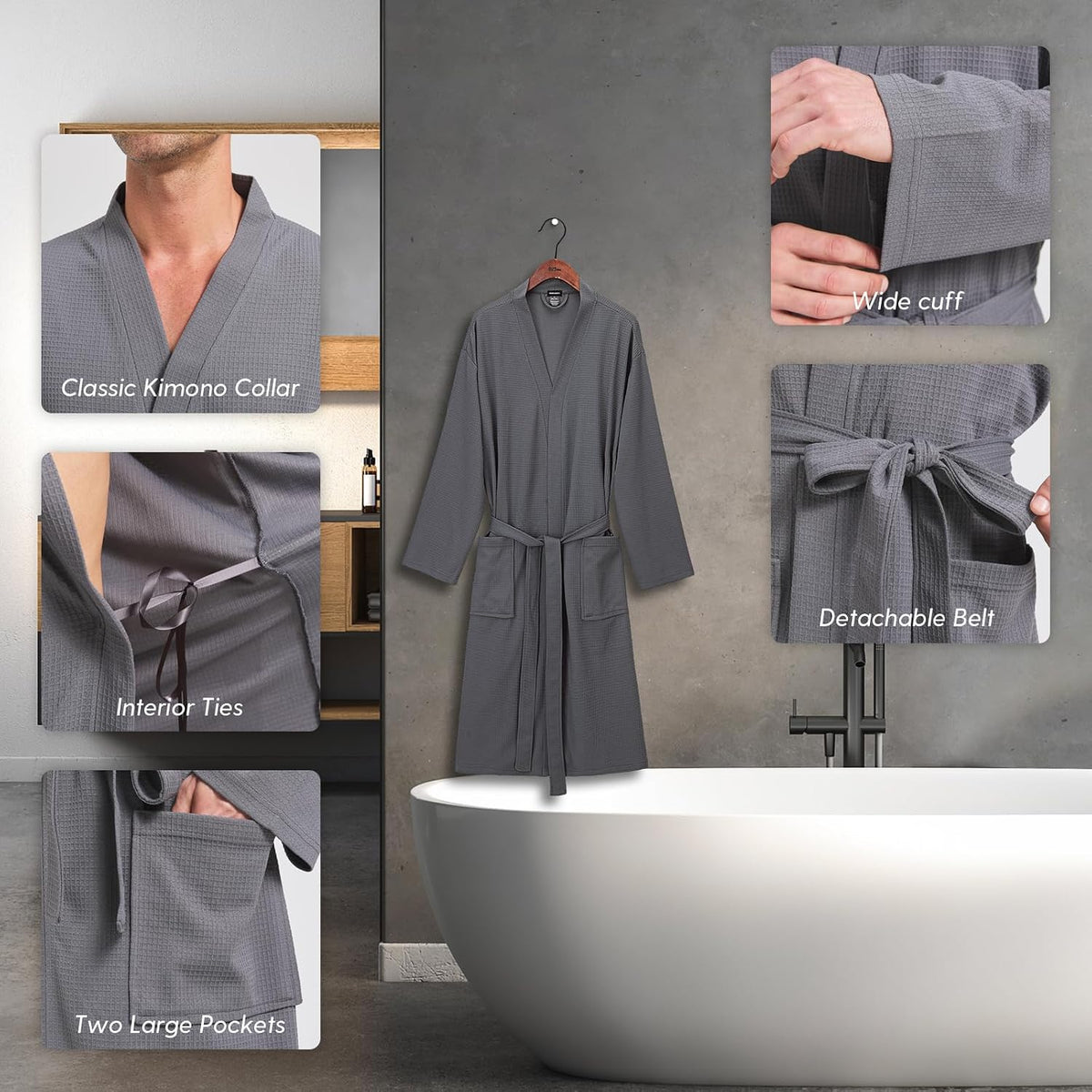 FashGudim Mens Lightweight Waffle Knit Robe Soft Kimono Spa Bathrobes Knee Length Summer Robes