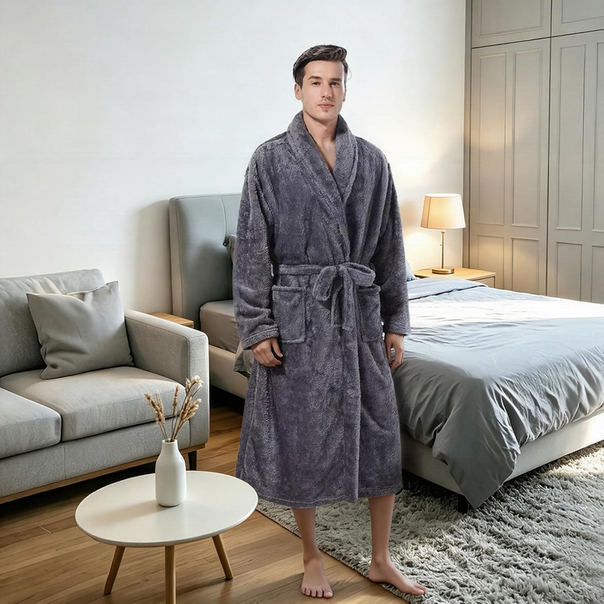Inner Wish Mens Plush Fleece Robe, Highly Absorbent Cozy Warm Bathrobe Fuzzy Male Spa Long Robe With Pockets