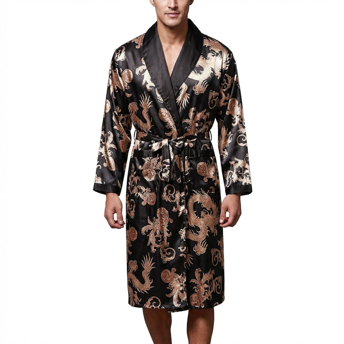 Men's Satin Robe Kimono Bathrobe Long Sleeve Spa Robe