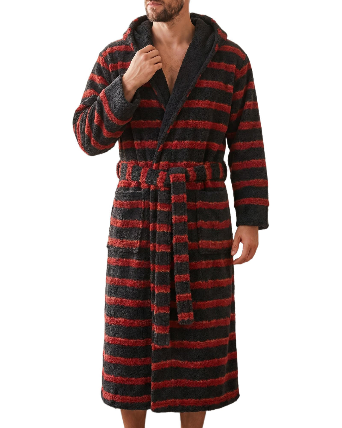 Vulcanodon Men Robe Hooded Striped Bathrobe Soft Plush Spa Robe Pockets