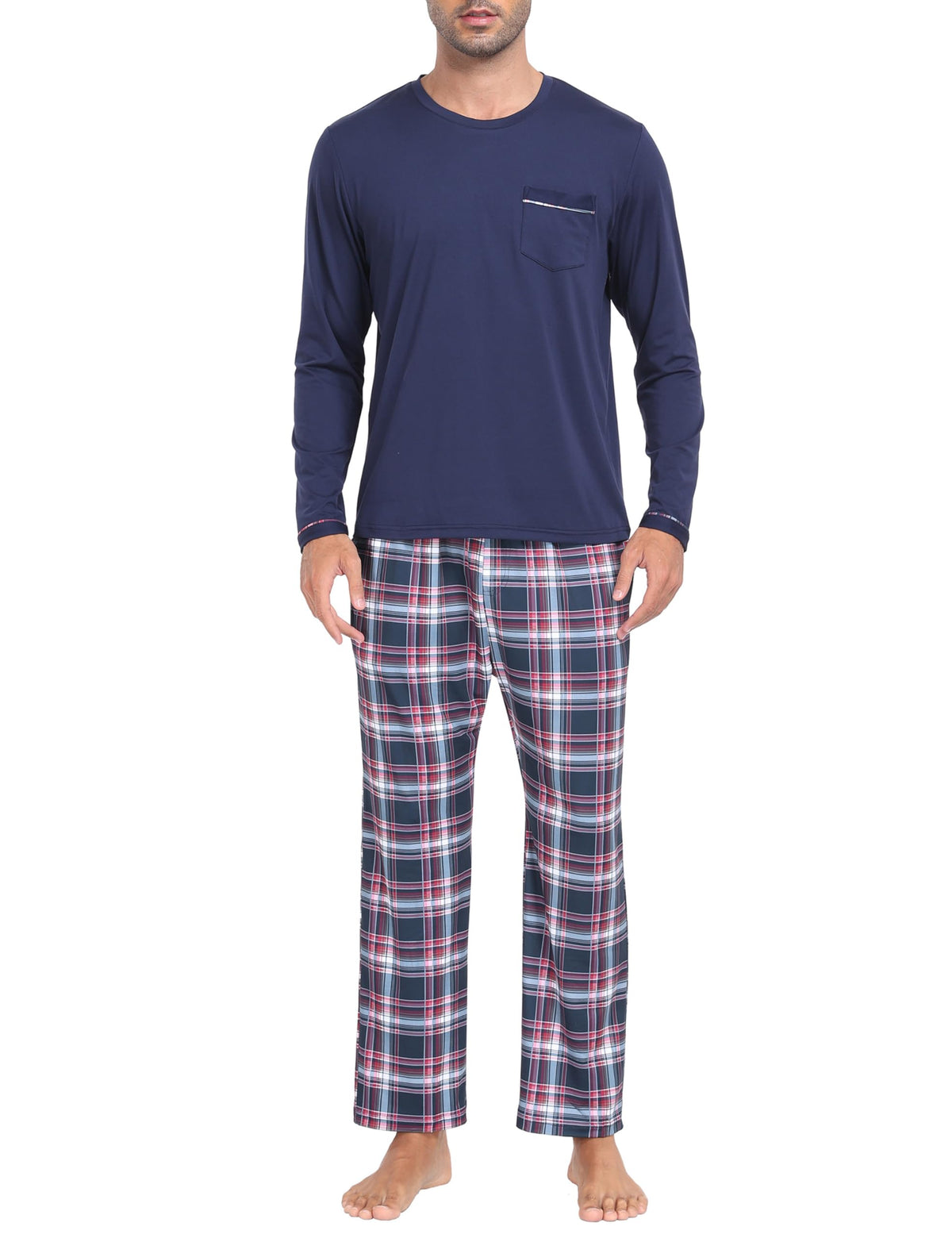 MoFiz Mens Pajamas Sets Long Sleeve Soft Plaid Christmas Pjs with Pockets