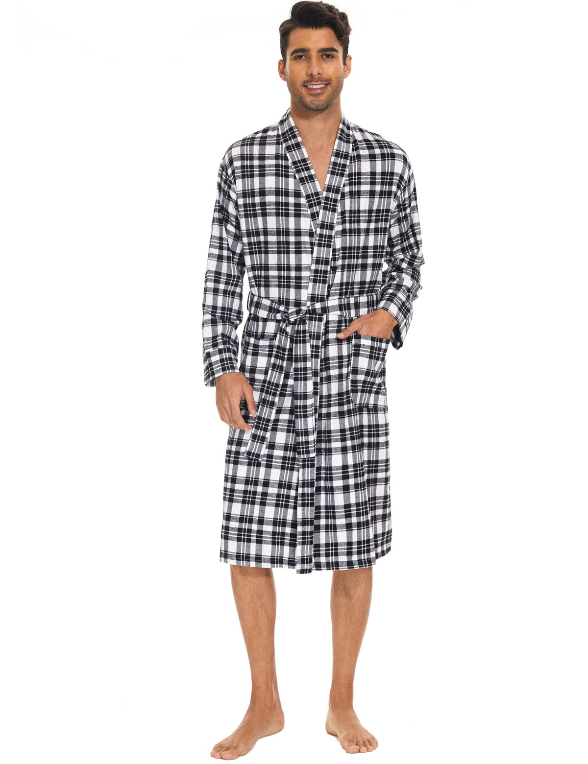 Zerbala Men's Flannel Robe Knee Length Plaid Bathrobe