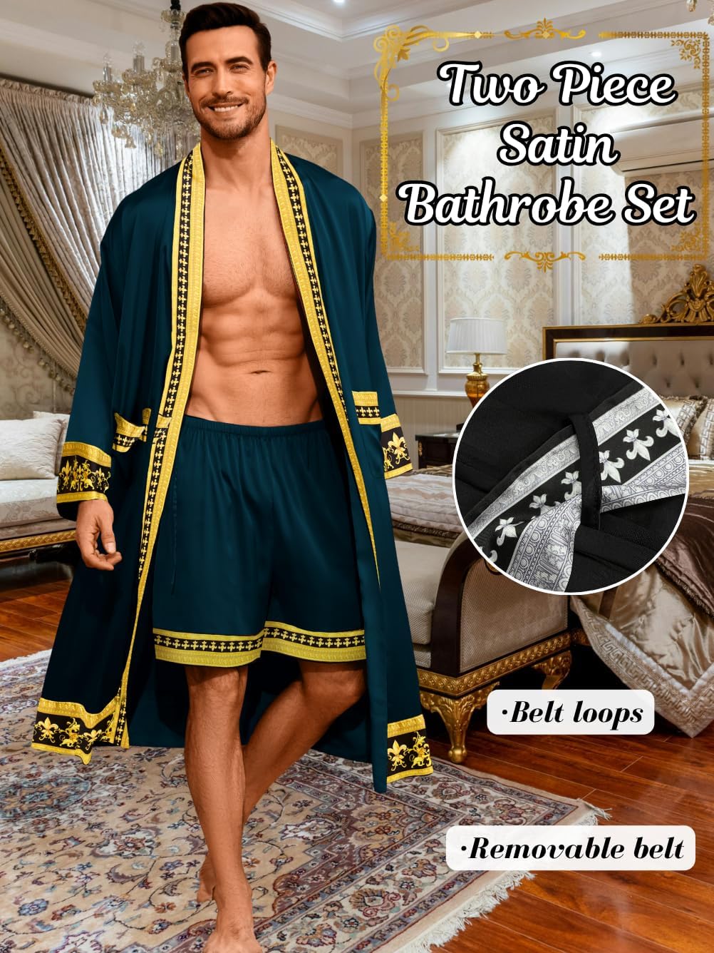 ChiaoLezhee Men's Luxury Silky Robe & Shorts Set, 2PC Lightweight Satin Pajamas with Pockets, Opulent Baroque Kimono Gifts