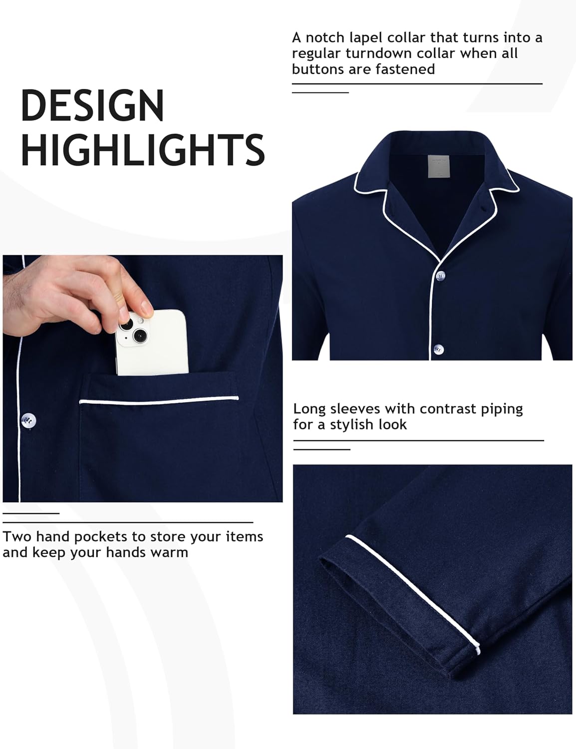 MoFiz Mens Pajama Set Soft Cotton Button Down Notched Collar Pjs Long Sleeve 2 Piece Sleepwear Lounge Nightwear with Pocket