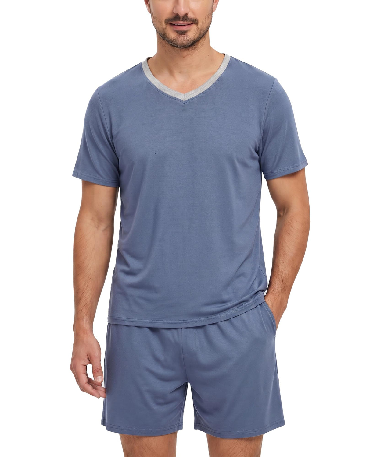 MyFav Mens Pajama Set Soft V Neck PjsShort Sleeves Shirts and Shorts Loungewear Solid Color Sleep Sets