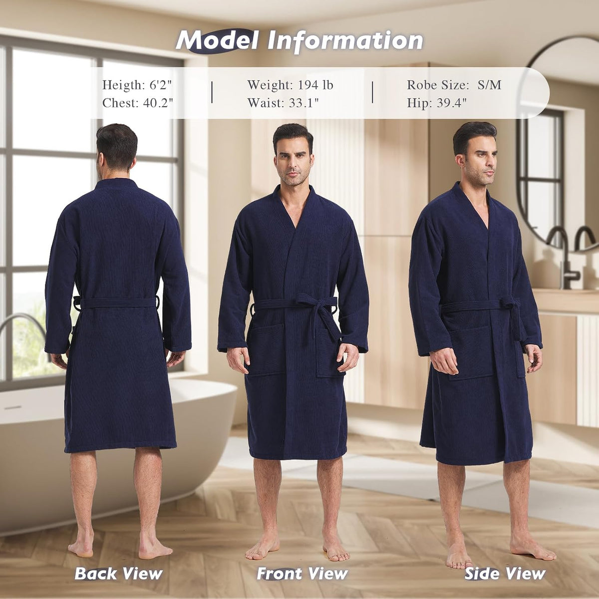 FashGudim Terry Cloth Robes for Men Big and Tall Short Mens Kimono Robe Super Absorbent Spa Bathrobe Calf Length With Pockets