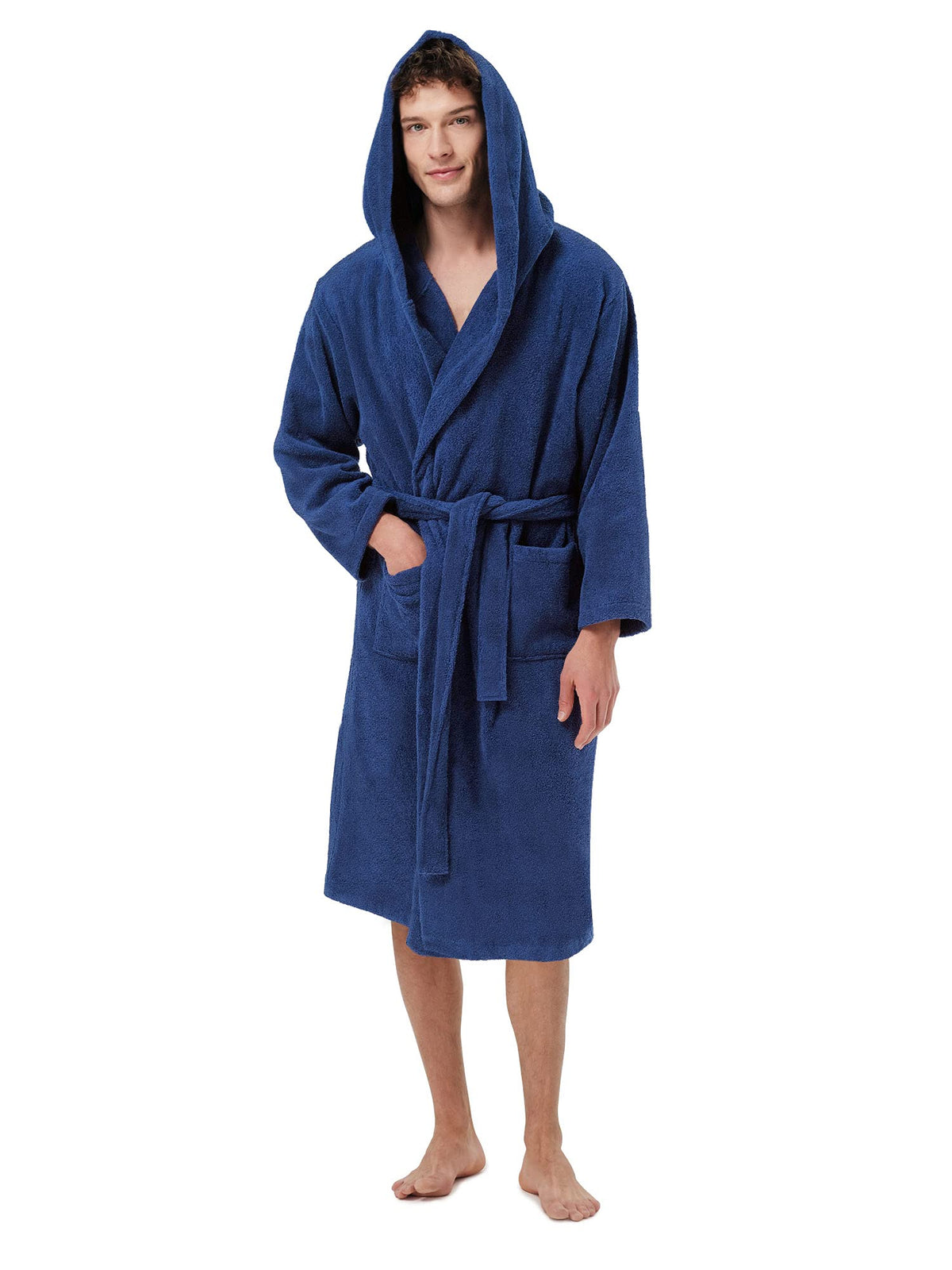 SIORO Mens Terry Bath Robe, Plush Hooded Cotton Cloth Knee-Length Robes for Spa, Shower, Soft Towel Bathrobes with Pockets