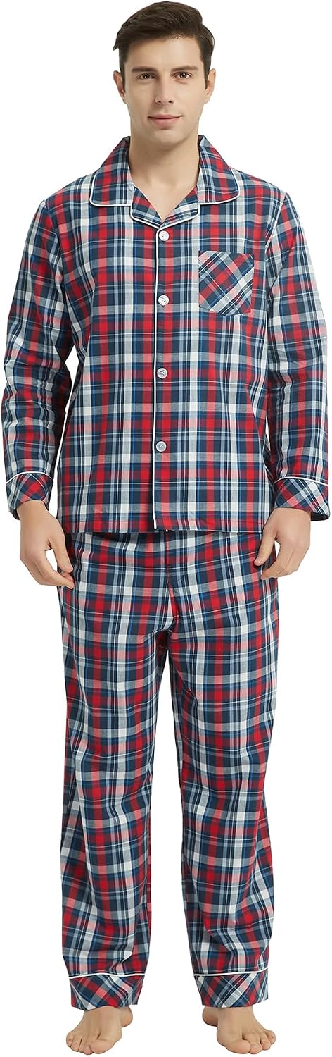 Vulcanodon Mens Cotton Pajama Set, Plaid Button Down Woven Sleepwear