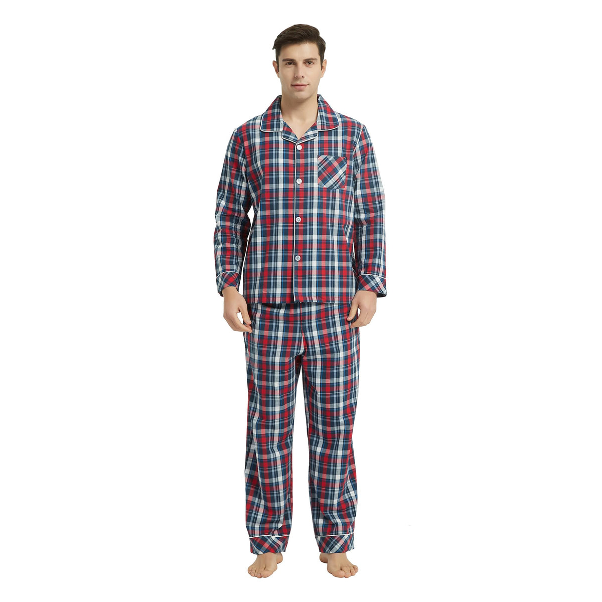 Vulcanodon Mens Cotton Pajama Set, Plaid Button Down Woven Sleepwear